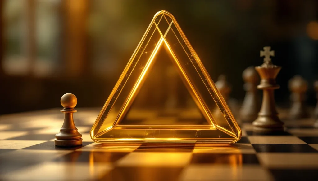 Un triangle d'or stylisé entouré de pièces d'échecs, symbolisant la stratégie et la prise de décision.
