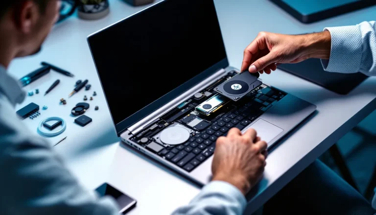 Un expert remplace une carte graphique dans un ordinateur, entouré d'outils et de composants électroniques.