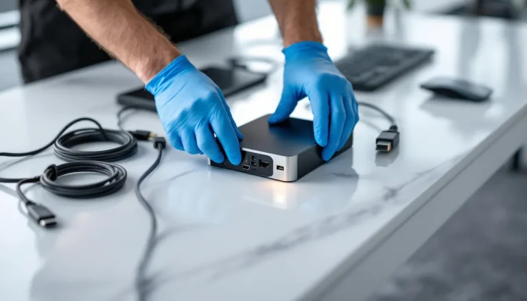 Installation de la Freebox Révolution avec des câbles et des appareils électroniques en cours de mise en place.