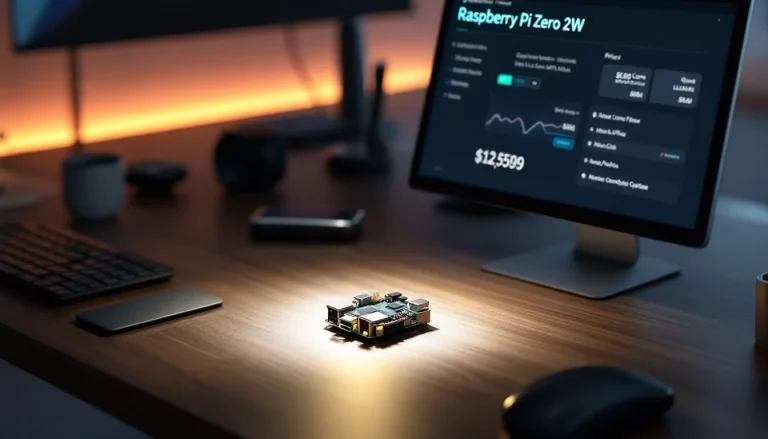 Un Raspberry Pi Zero 2W est présenté sur un fond neutre, mettant en avant sa taille compacte et ses ports d'extension.