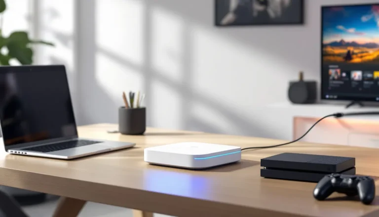 Routeur Freebox positionné dans un réseau multimédia avec divers câbles et appareils connectés.