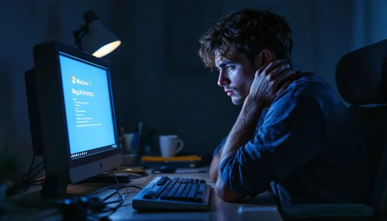 Un individu exprime son désespoir face à une technologie obsolète, entouré d'équipements informatiques anciens.