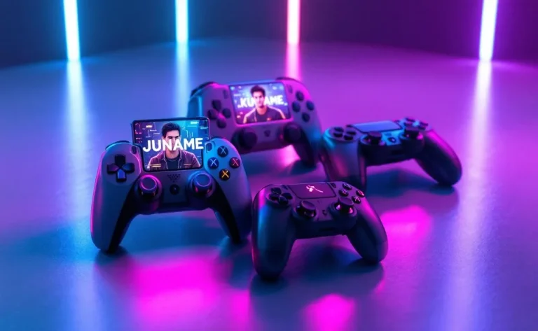 Consoles de jeu illuminées par des néons colorés.