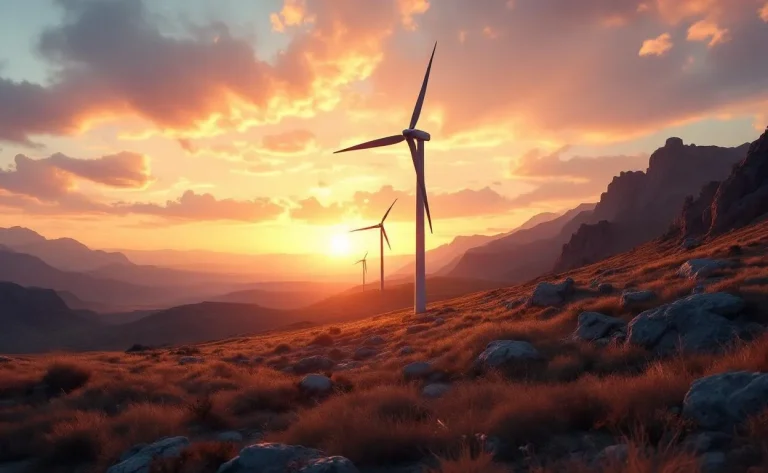 Éolienne silhouette au crépuscule, baignée dans des teintes orangées et violettes.