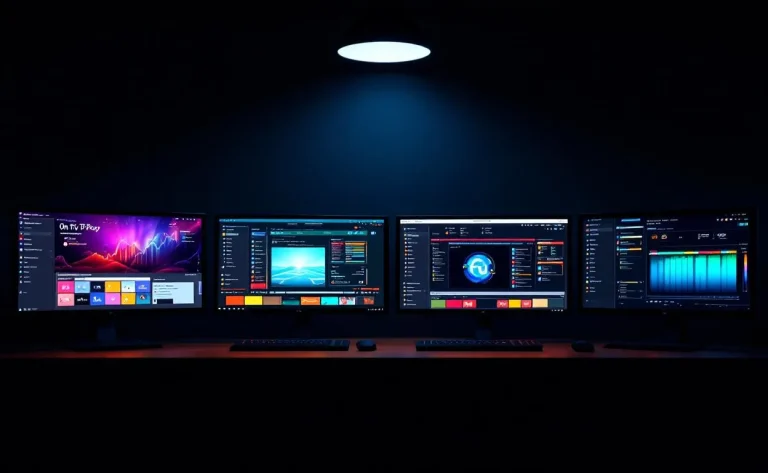 Des interfaces lumineuses illuminent un environnement sombre, créant un contraste saisissant.