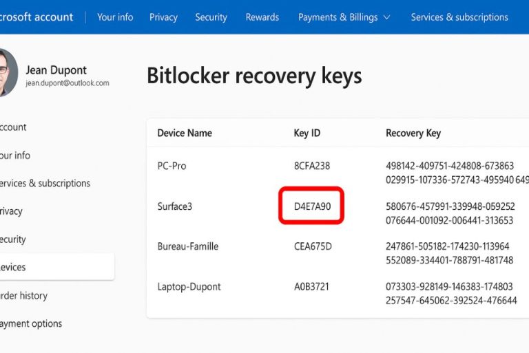 Retrouver clé de récupération BitLocker sur aka.ms/myrecoverykey