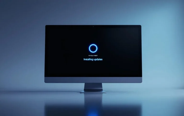 Écran affichant l'installation d'une mise à jour de Windows avec une barre de progression et des indications de statut.