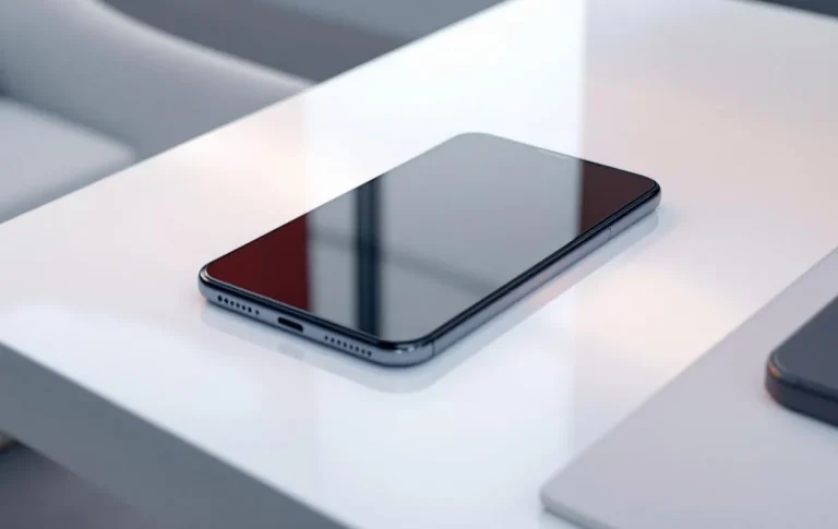 Un smartphone inactif posé sur une table moderne en bois.