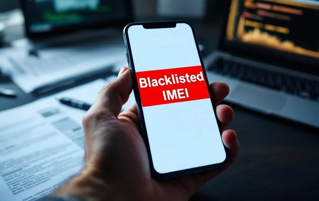 Téléphone avec un écran indiquant qu'il est bloqué, processus de déblocage en cours.