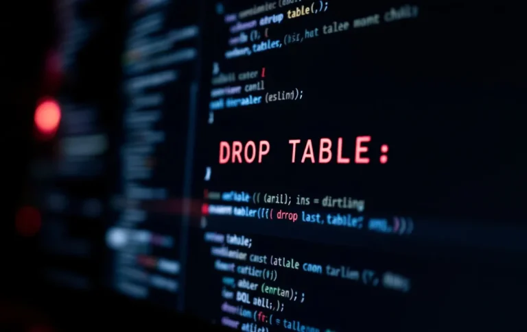 Écran d’ordinateur affichant une interface en ligne de commande sombre avec la commande SQL « DROP TABLE » surlignée en rouge et une icône d’avertissement lumineuse dans un coin.