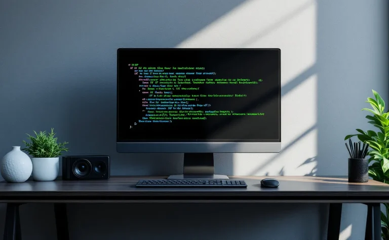 Un écran d’ordinateur affiche du code PostgreSQL avec des instructions IF mises en évidence, posé sur un bureau moderne éclairé par la lumière du jour.