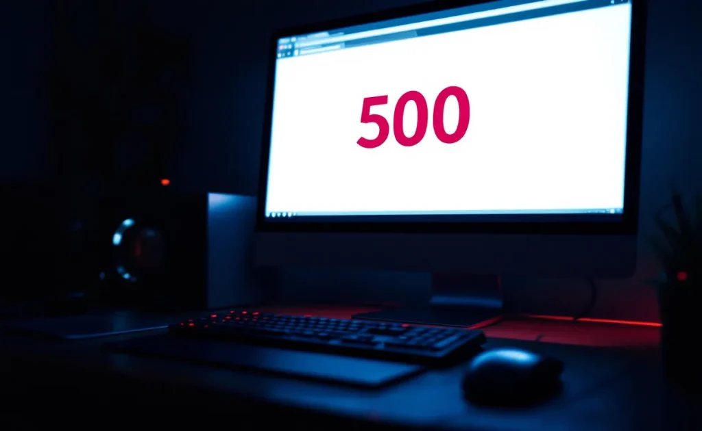 Un écran d’ordinateur affiche l’interface PrestaShop avec un message d’erreur 500, éclairant faiblement un bureau sombre.