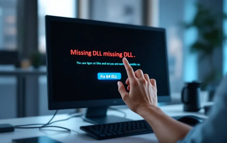 Un écran d’ordinateur affiche une erreur de DLL tandis qu’une main s’apprête à cliquer sur un bouton « Fix 64 DLL » dans un environnement de travail moderne baigné d’une lumière bleutée.