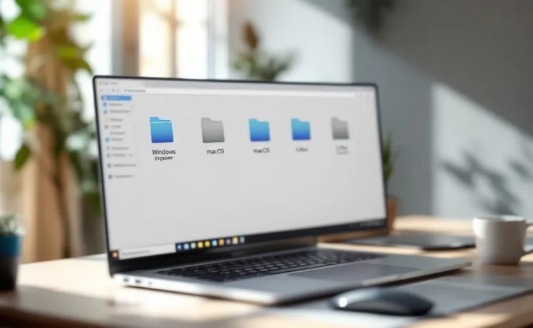 Un bureau d’ordinateur affiche côte à côte des fenêtres de gestionnaires de fichiers Windows, macOS et Linux, avec des dossiers semi-transparents visibles sous une lumière douce.