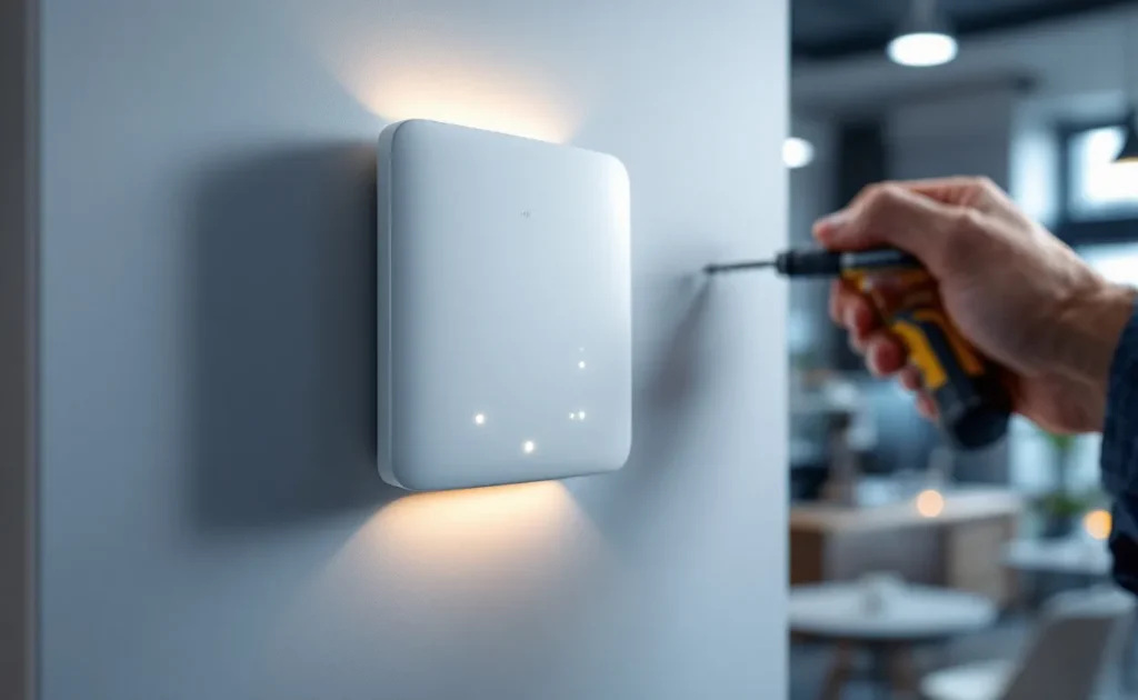 Un technicien installe un point d’accès sans fil Unifi Ubiquiti sur le mur d’un bureau moderne avec les voyants LED allumés.