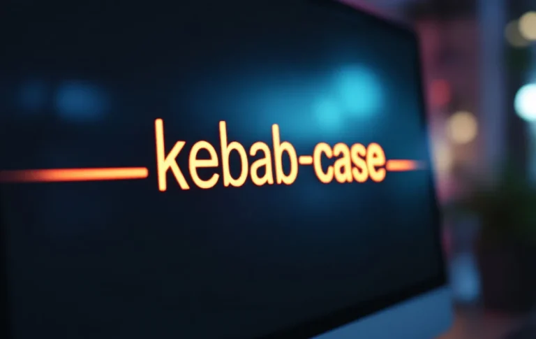 Écran d’ordinateur affichant en gros plan le texte « kebab-case » en gras, encadré par deux lignes horizontales, sous un éclairage tamisé.