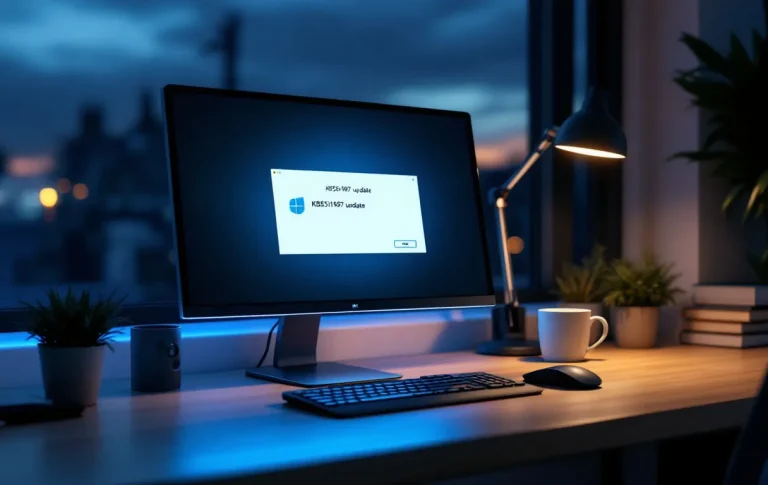 Un bureau moderne organisé au crépuscule avec un ordinateur affichant une notification de mise à jour KB5051987 et une lueur bleutée éclaire doucement l’espace.
