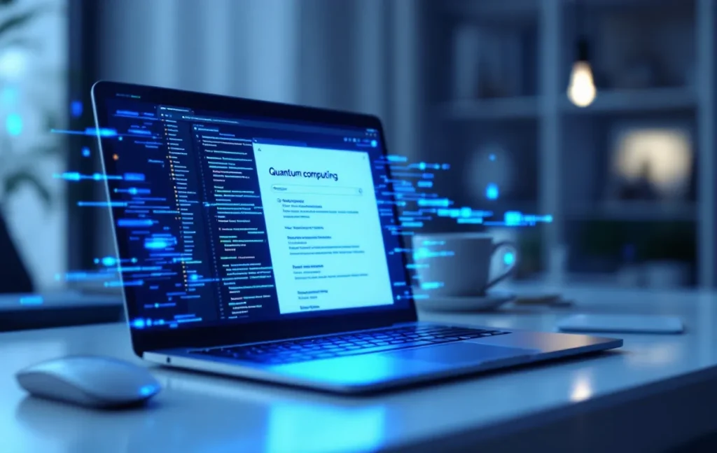 Un ordinateur portable affiche des résultats de recherche Google avec des lignes de code en arrière-plan bleu.