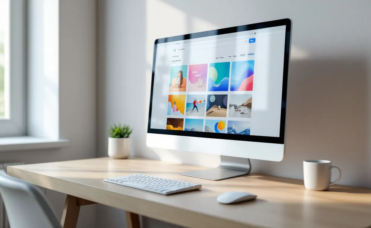 Un écran d’ordinateur moderne affiche le tableau de bord WordPress avec des vignettes d’images WebP sur un bureau épuré baigné de lumière naturelle.