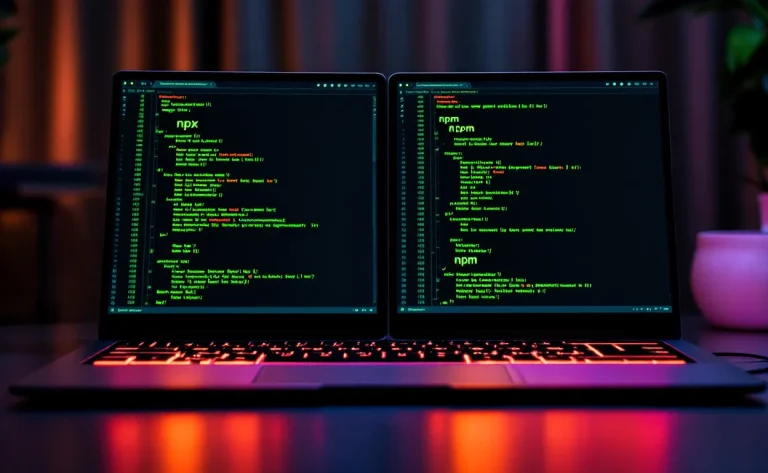 Deux fenêtres de terminal affichent côte à côte les commandes npx et npm sur un ordinateur portable dans une pièce doucement éclairée, avec des reflets lumineux sur les touches.