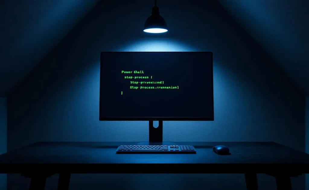 Un écran d’ordinateur affiche une fenêtre PowerShell avec la commande Stop-Process en surbrillance sur un bureau moderne dans une pièce à l’éclairage tamisé.
