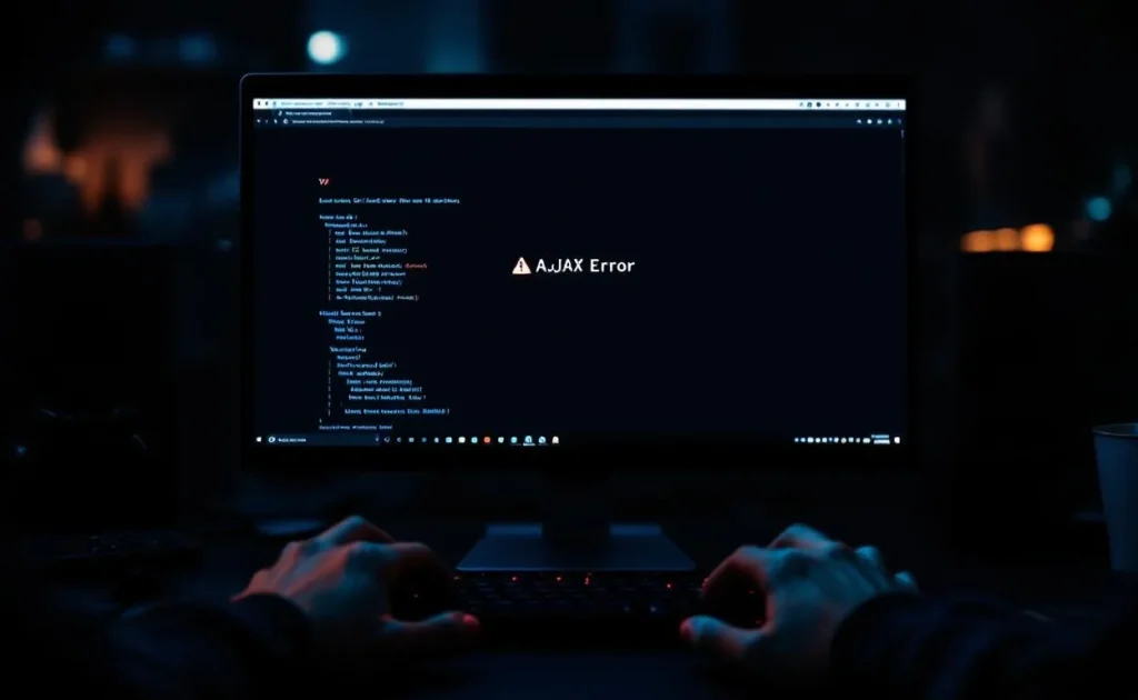 Un écran d’ordinateur affiche une erreur AJAX sur le site YGG, tandis qu’un utilisateur aux mains crispées reste devant le clavier dans un espace de travail sombre.