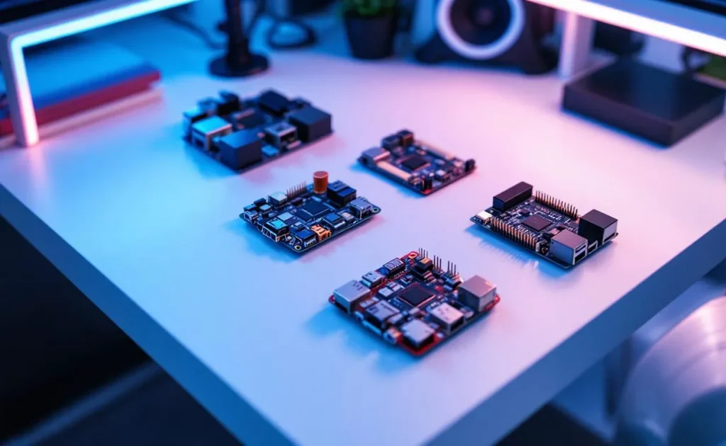 Plusieurs ordinateurs monocartes aux boîtiers colorés sont disposés sur un bureau moderne avec un éclairage bleu et blanc.