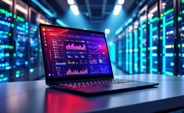 Un ordinateur portable affiche un tableau de bord FiveM ESX devant des serveurs éclairés de lumières bleues et vertes dans un espace de travail moderne.