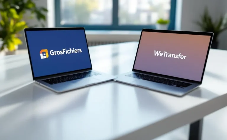 Deux ordinateurs portables posés face à face sur un bureau moderne affichent les logos de GrosFichiers et WeTransfer, éclairés par la lumière naturelle d'une grande fenêtre.