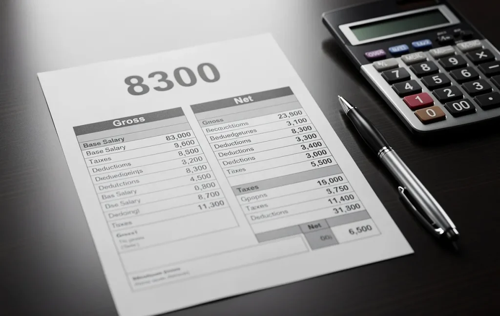 Un bulletin de salaire affichant 8300 en haut, posé sur un bureau moderne avec un stylo et une calculatrice, éclairé par une lumière naturelle douce.