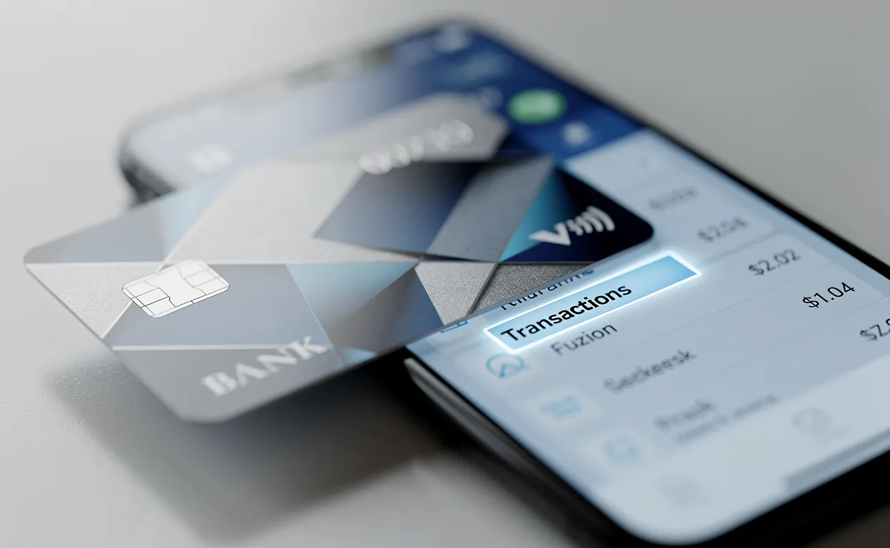 Une carte bancaire posée sur un smartphone affichant une application bancaire avec une transaction "Fuzion" mise en avant.