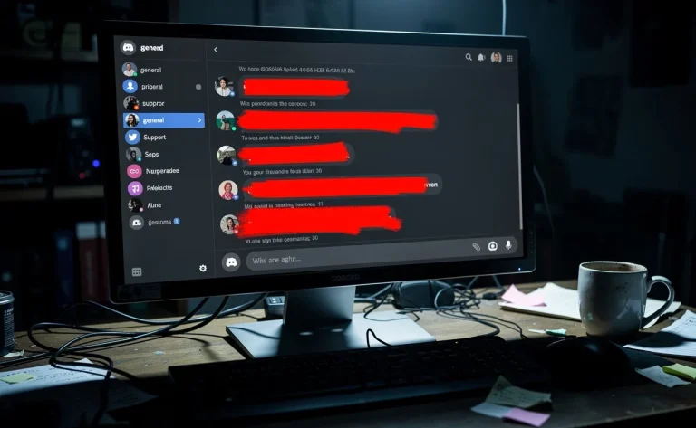 Un écran d’ordinateur montre une fenêtre de discussion Discord où des données personnelles sont floutées en rouge dans une pièce faiblement éclairée à l’ambiance inquiétante.