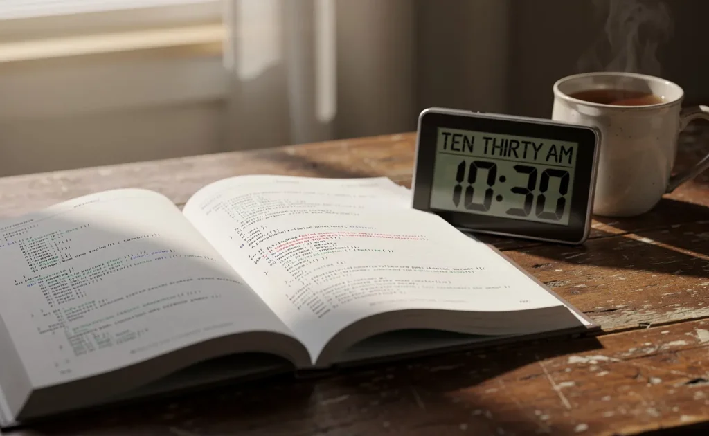 Un livre de code Python ouvert repose sur un bureau en bois, accompagné d’une horloge numérique, d’une tasse fumante et de lumière du soleil filtrant par une fenêtre.
