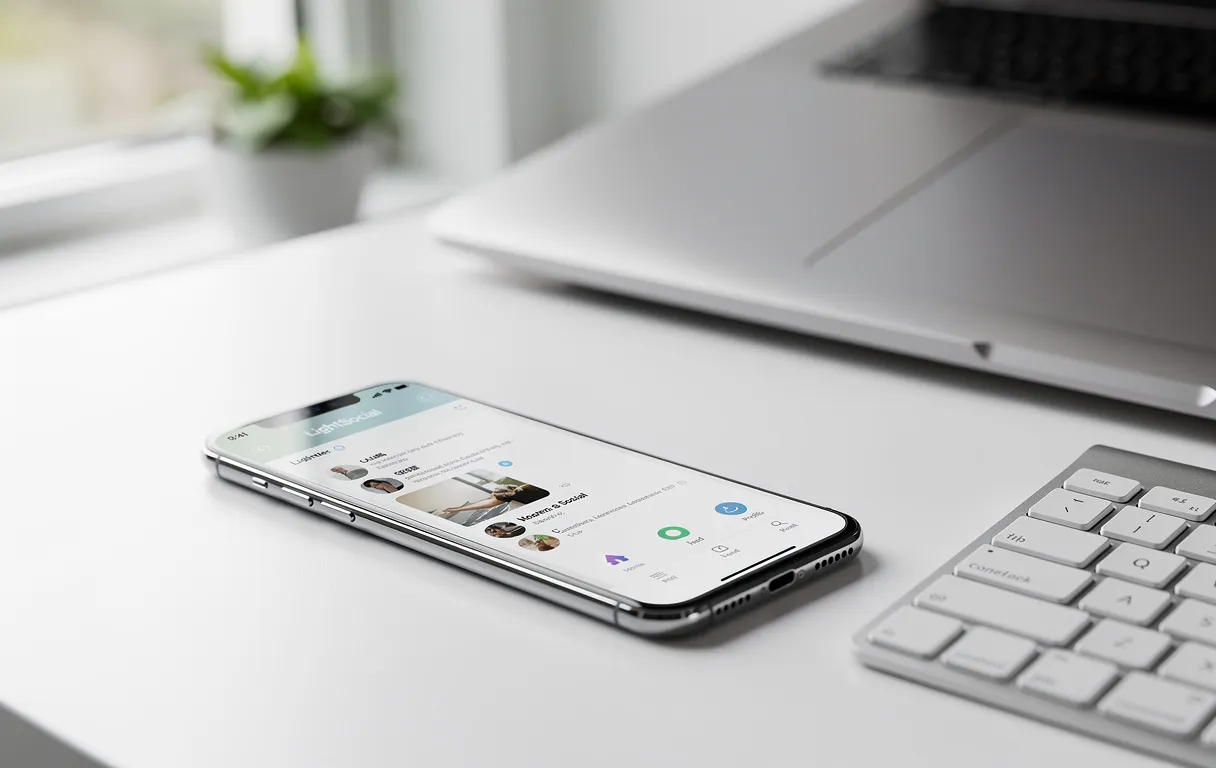 Un smartphone épuré affiche des alternatives légères aux réseaux sociaux sur un bureau moderne éclairé par une lumière naturelle douce.
