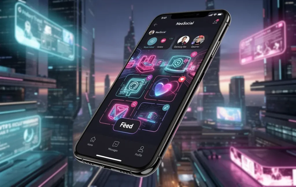 Un smartphone élégant affiche un fil d'actualités futuriste avec des icônes interactives, devant une ville illuminée de panneaux holographiques au crépuscule.