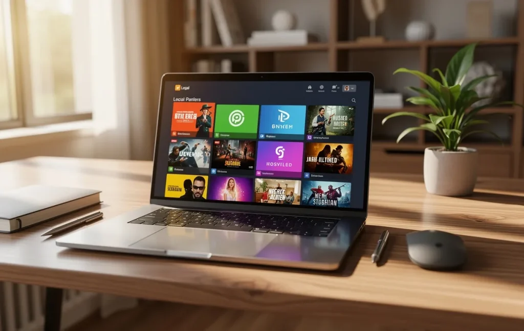 Un ordinateur portable moderne posé sur un bureau en bois affiche plusieurs plateformes de streaming légales aux couleurs vives, éclairé par une lumière naturelle de l'après-midi.