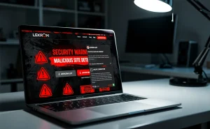 Un ordinateur portable affiche un site web Lekrom suspect avec des symboles d'avertissement et des messages d'erreur rouges dans un espace de travail faiblement éclairé.