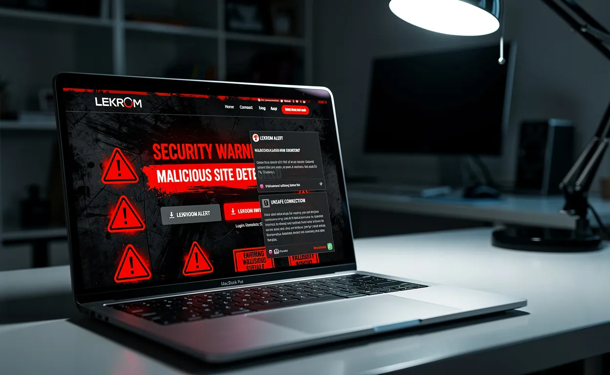 Un ordinateur portable affiche un site web Lekrom suspect avec des symboles d'avertissement et des messages d'erreur rouges dans un espace de travail faiblement éclairé.
