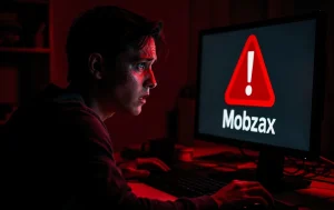 Une personne inquiète est assise devant son ordinateur affichant une alerte "Mobzax", éclairée par une lumière rouge qui accentue les ombres dans une pièce sombre.