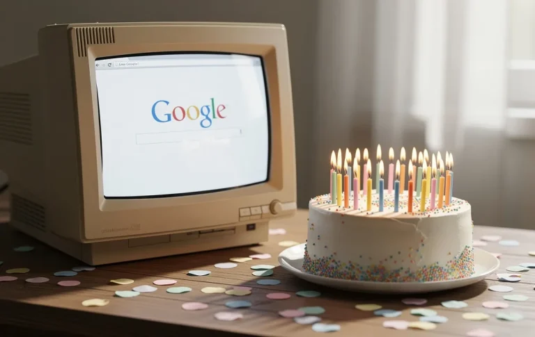 Un ancien moniteur affiche l’ancien logo de Google à côté d’un gâteau d’anniversaire avec 27 bougies, entourés de confettis colorés sur un bureau en bois.