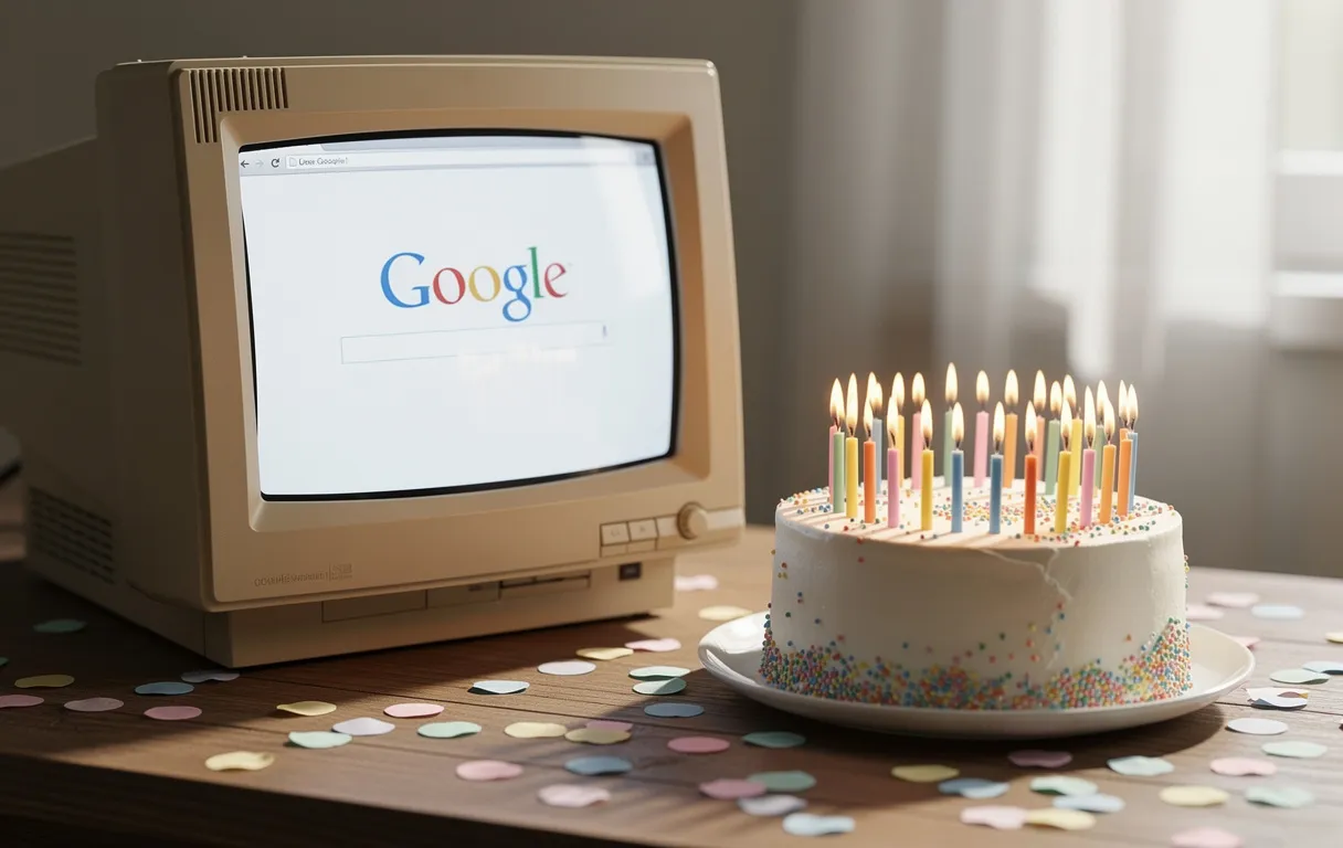 Un ancien moniteur affiche l’ancien logo de Google à côté d’un gâteau d’anniversaire avec 27 bougies, entourés de confettis colorés sur un bureau en bois.