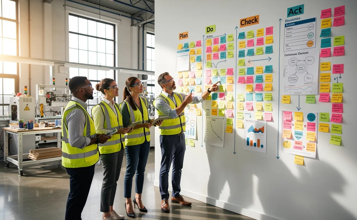 Des personnes examinent un grand mur couvert de notes colorées et de schémas dans un atelier lumineux, illustrant le travail d’équipe et l’amélioration continue.