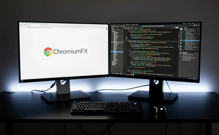 Un bureau moderne avec deux écrans affichant le logo ChromiumFX, du code et une fenêtre de navigateur, éclairé par des LED bleu-blanc.