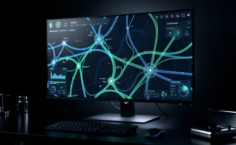 Écran d’ordinateur affichant une carte de réseaux de données avec des trajets interconnectés, dans des tons bleus et verts éclairant un espace sombre.