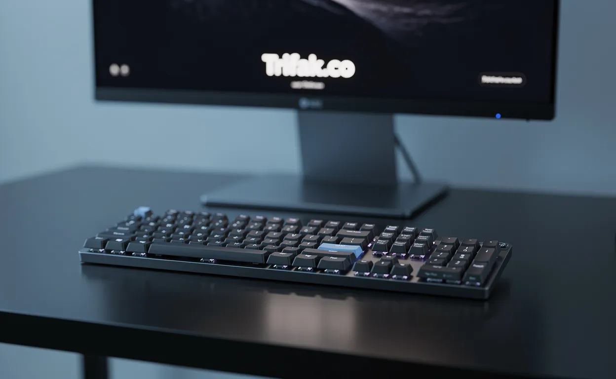 Clavier d’ordinateur moderne sur un bureau élégant avec l’adresse Trifak.co affichée en arrière-plan dans une lumière bleutée.