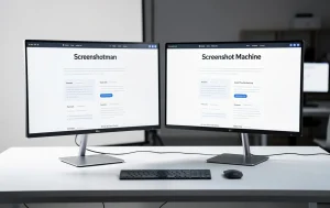 Deux écrans d’ordinateur posés côte à côte sur un bureau épuré affichent chacun une capture de site web, l’un nommée Screenshotman et l’autre Screenshot Machine, dans une ambiance technologique.