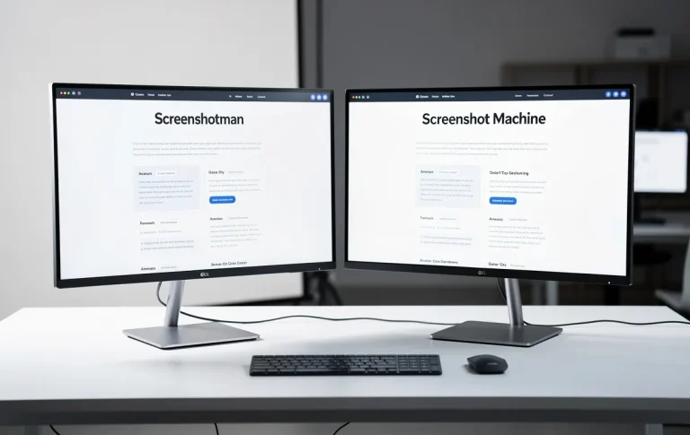 Deux écrans d’ordinateur posés côte à côte sur un bureau épuré affichent chacun une capture de site web, l’un nommée Screenshotman et l’autre Screenshot Machine, dans une ambiance technologique.