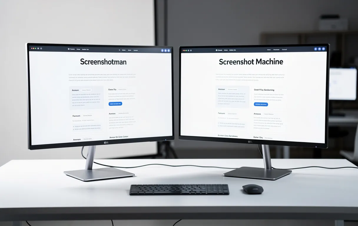 Deux écrans d’ordinateur posés côte à côte sur un bureau épuré affichent chacun une capture de site web, l’un nommée Screenshotman et l’autre Screenshot Machine, dans une ambiance technologique.
