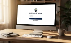 Un écran d’ordinateur moderne affiche la page de connexion du webmail académique IA53 dans un espace de travail rangé baigné de lumière matinale.