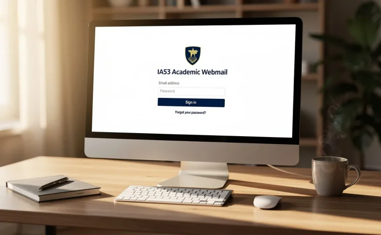Un écran d’ordinateur moderne affiche la page de connexion du webmail académique IA53 dans un espace de travail rangé baigné de lumière matinale.